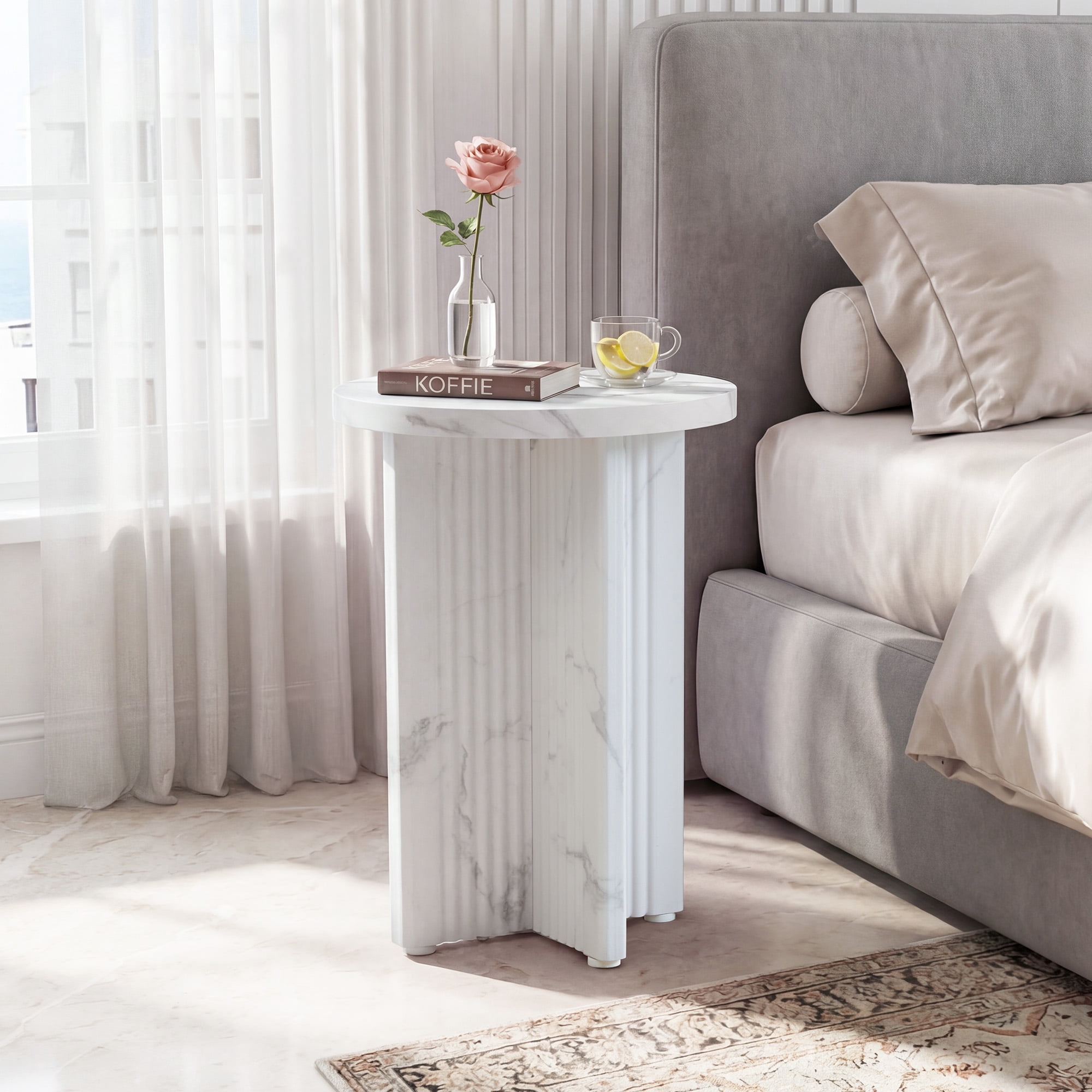 YOCWO Round Small End Tables for Living Room with Wave Base, Mordern MDF Side Table for Bedroom Small Space with Marble Veneer Finish, White
