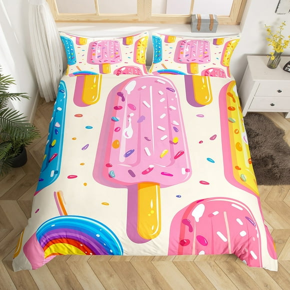 YST Colorful Popsicle Twin Bedding Set,Cute Rainbow Popsicle Duvet Cover for Kids Girls Boys Kawaii Room Decor,Watercolor Candy Dessert Bed Set Food Theme Duvet Cover 2Pcs (No Comforter)