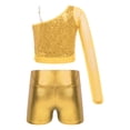thumbnail image 2 of iiniim Kids Girls Jazz Hip Hop Dance Sequins Mesh Long Sleeve One Shoulder Dance Top with Shorts Gold 16, 2 of 7