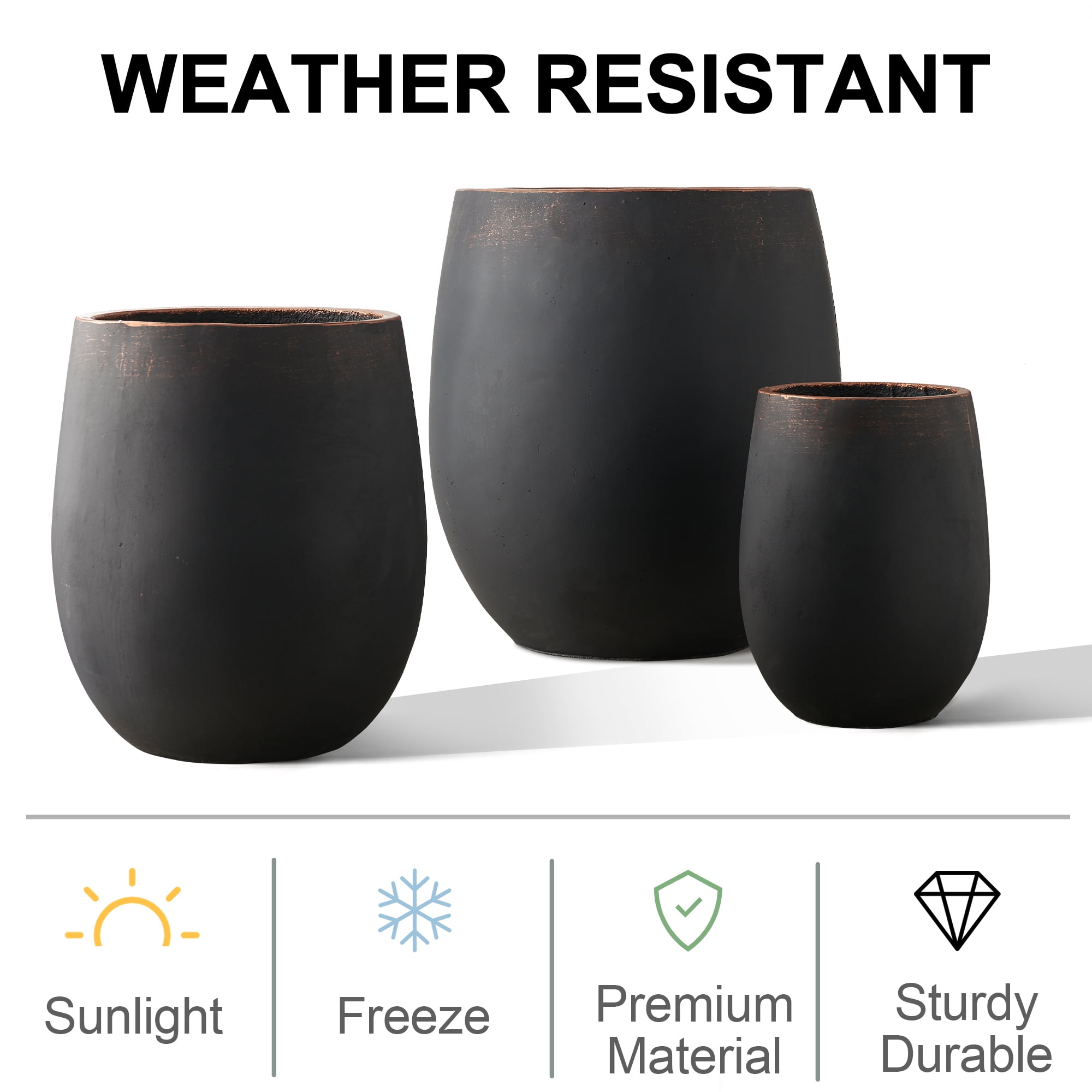 Wallowa 17.7"+13.3"+9.5" Dia Round Concrete Planter Set of 3, Black with Gold Rim, Large Flower Pots with Drainage Holes