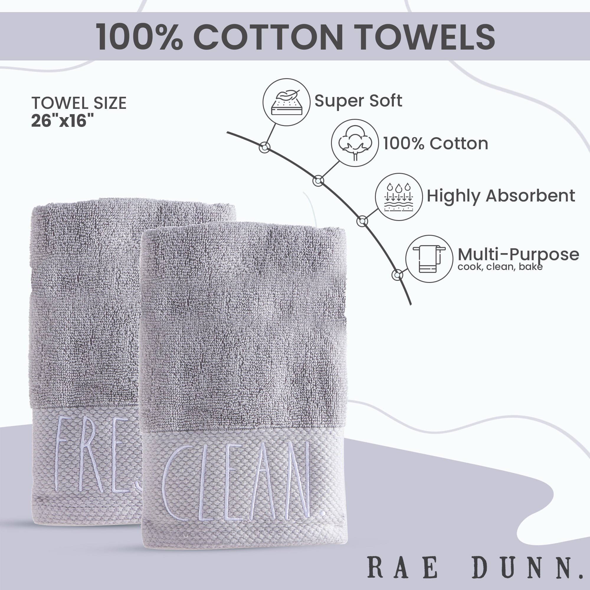 Rae Dunn Hand Towels, Embroidered Decorative Kitchen Towel for Kitchen and Bathroom, 100% Cotton, Highly Absorbent, 3 Pack, 16x2