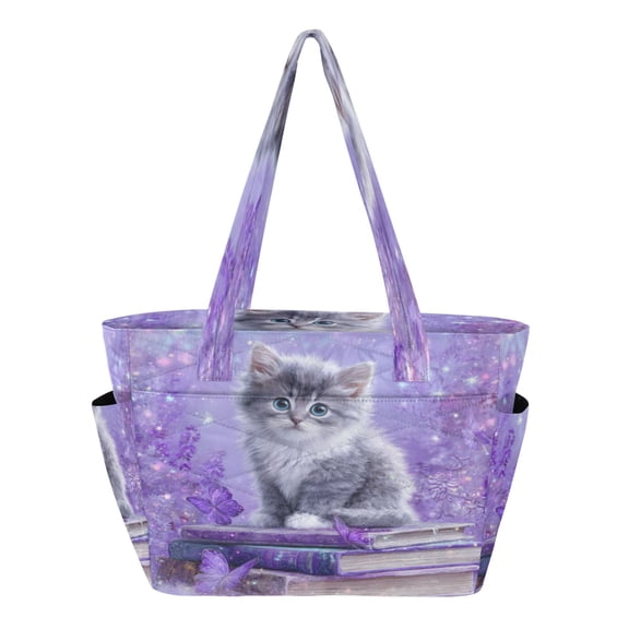 Quilted Tote Bag Large Capacity Multi-Compartment Handbag Lightweight Structured Shoulder Bag Versatile Casual Bag Adorable Baby Cat Pattern