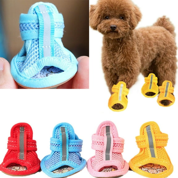 Walbest 4Pack Mesh Dog Shoes Soft Pet Boots with Adjustable Straps, Summer Non-Slip Dog Shoes Breathable Dog Sandals with Rubber Sole for Hot Pavement Gravel Road