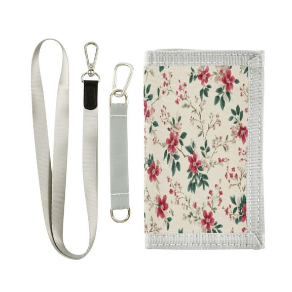 Cloth Wallet with Lanyard & Multiple Compartments Fashion Purse Zipper Clutch Bag for Cash Cards Coins Red Small Floral Pattern