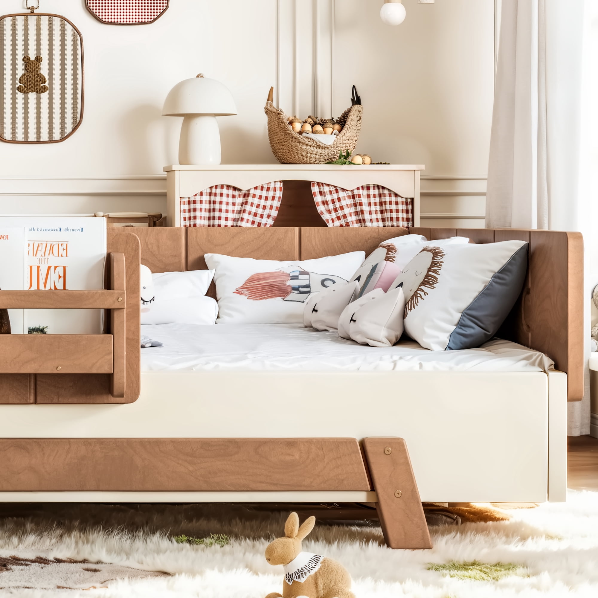 Miniyam Full Size Montessori Floor Bed, Kids Bed Frame with Guardrails and Bookshelf Storage, Beige & Brown