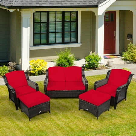 Costway 5PCS Patio Rattan Furniture Set Loveseat Sofa Ottoman W/Red