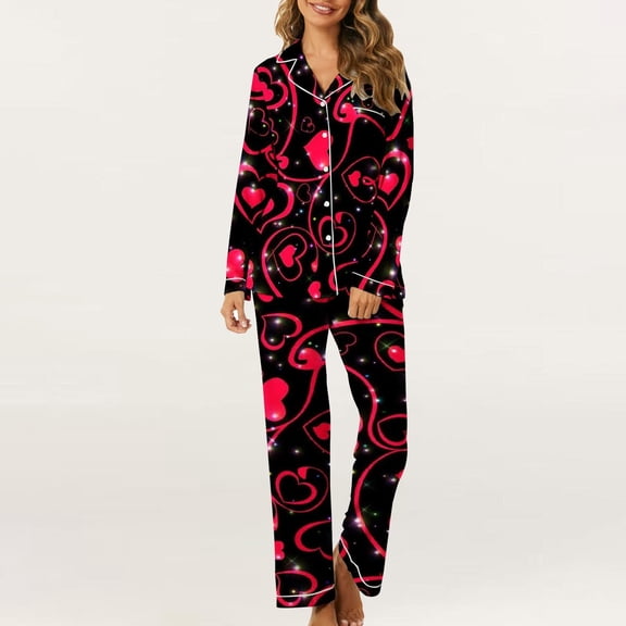 Valentines Pajamas For Women Set Cozy Casual Loose Cardigan Heart Graphic Winter Collar Long Sleeve Button Up Sleepwear Soft 2 Piece Outfits Loungewear Sets L