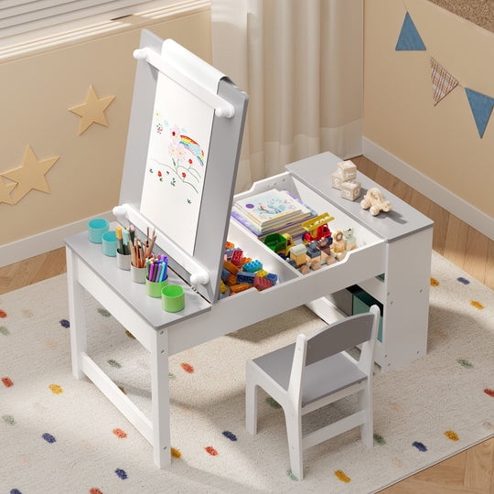 Aiho 4 in 1 Kid Table & Chair Set, Child Activity Table, Kids Table Set Painting with Cabinet for Daycare, Classroom, Home - Grey