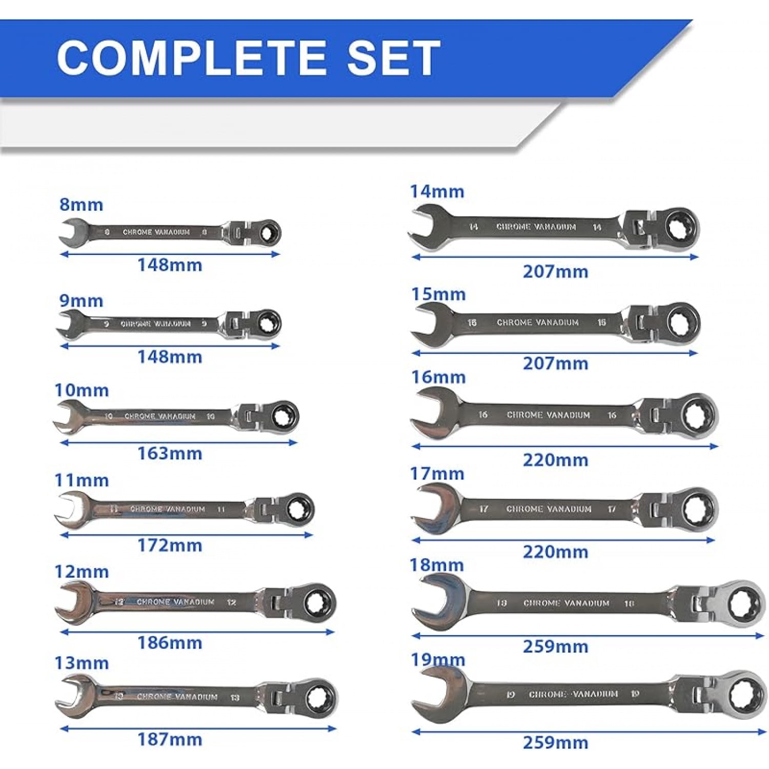 Flex-Head Ratcheting Wrench Set 12 pcs, Metric, 8-19mm, Cr-V Combination Wrench Sets, 72 Teeth Wrenches Set with Carrying Bag
