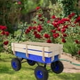 thumbnail image 5 of Tcbosik Garden Wagon with Wood Railing, Outdoor Storage Cart with 10-inch Pneumatic Tires, Heavy Duty Steel Trolley Wagon, Blue, 5 of 10