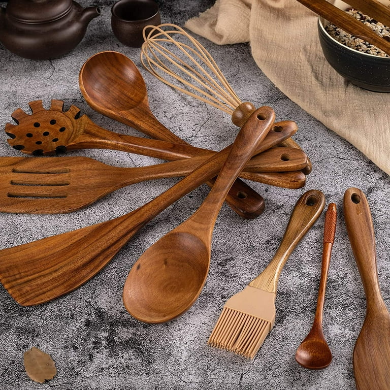 Set of Wooden Kitchen Utensils With a Utensil Holder Nonstick