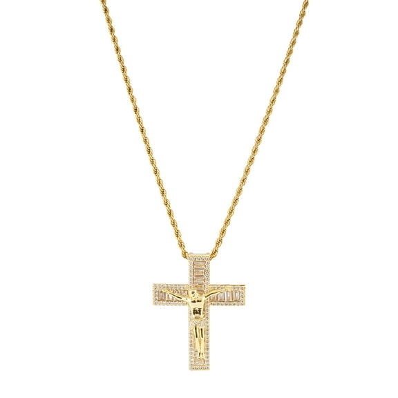 Copper Zirconia Crucifix Necklace, Iced Out Jesus Cross Pendant with Rope Chain, Hip Hop Christian Bling Jewelry for Men and Women