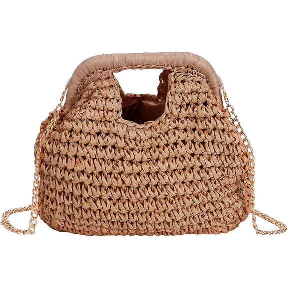 BadPiggies Straw Beach Bag for Women, Crochet Crossbody Bags Small Boho Purse Top Handle Woven Handbags Chain Clutch (Khaki)