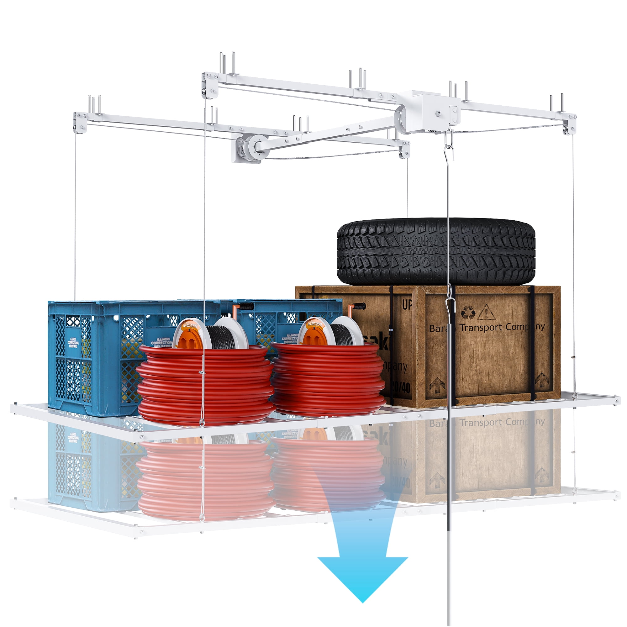 Aukfa 3x6 ft Ceiling Mounted Garage Storage Rack with Crank-Down System, 270 lbs Heavy Duty Overhead Storage Lift for Tires & Tools, White