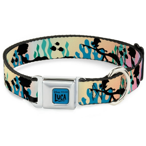 Disney Pet Collar, Dog Collar Metal Seatbelt Buckle, Luca and Alberto Sea Monsters Underwater Ombre Black, 9.5 to 13 Inches 1.0 Inch Wide