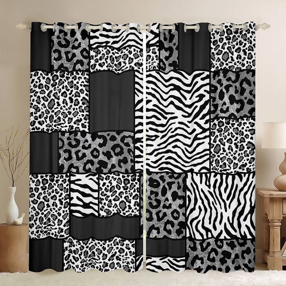 Homewish Cheetah Leopard Print Black Out Curtains, Black White Patchwork Curtains Pack of 2 (42x63 Each), Modern Fashion Abstract Bedroom Curtains, Living Room Curtains Decor