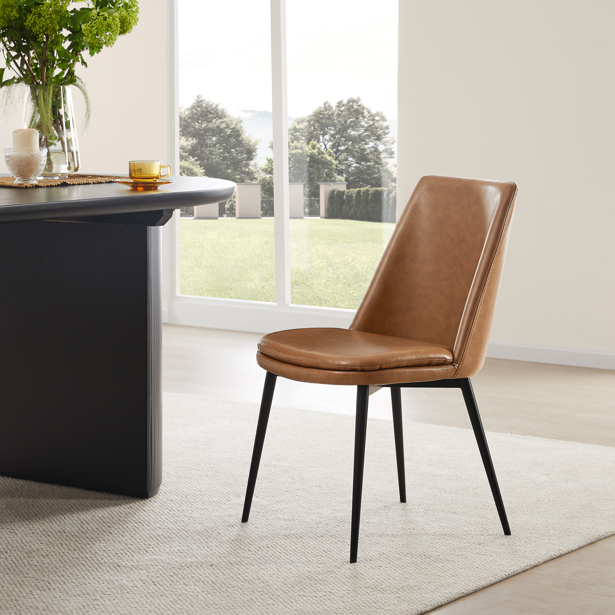 CHITA Modern High Back Armrest Dining Chair Set Of 2, Linen Fabric Upholstered With Caster