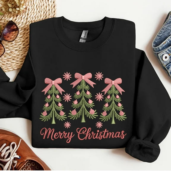 Merry Christmas Embroidered Sweatshirt, Christmas Tree And Pink Bow Embroidered Shirt, Merry And Bright Shirt, Winter Season Gift