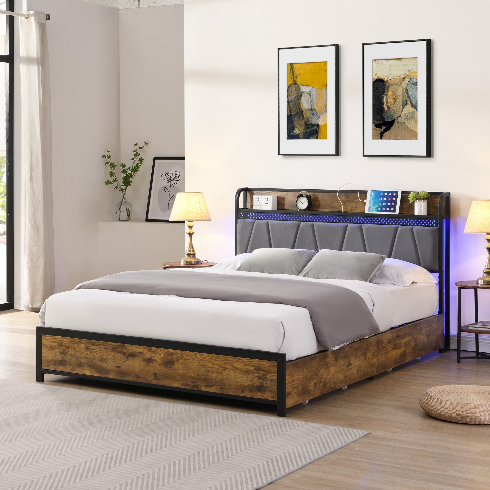Gewnee King Size Bed Frame, Storage Upholstered Headboard with Charging Station and 4 Storage Drawers,LED Lights , Brown and and Gray