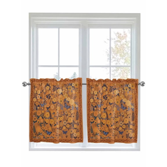 Boho Yellow Flowers 2 Panel Kitchen Curtains for Small Windows, Spring Abstract Watercolor Floral Leaf Bathroom Tier Curtain, Short Window Treatment for Bedroom/Living Room 55"x24"
