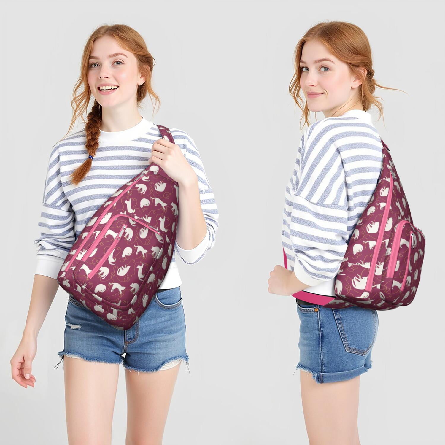 Floral Cat Shoulder Bag - Hand-drawn Cat Graphic Sling Backpack (Lightweight & Breathable, Organized Storage)