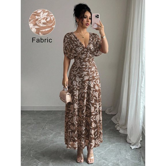 Chocolate Brown Womens V-Neck Off-Shoulder Puff Sleeve Ruched Waist A-Line Floral Maxi Dress