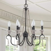 French Country Chandelier, Farmhouse Chandelier with Wooden Beads 6 Candle Light for Dining Room, Bedroom(Black)