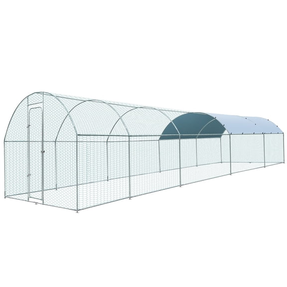 Pmango Extra Large Metal Chicken Coop for 50-55 Chickens, Walk-in Chicken Run, Chicken Pen Outdoor W/Cover, Waterproof & Anti-UV, 32.8' D x 9.8' W x 6.4' H, Wire Mesh Poultry Cage for Yard #LYJL10YD