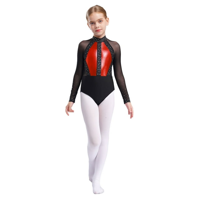 Aiihoo Justaucorps de Danse Gymnastique pour Filles Combinaison de Ballet à Manches Longues une Pièce Rouge 12