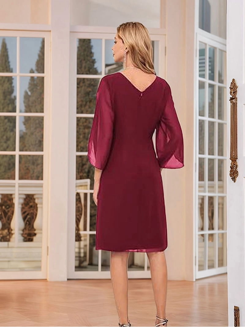 Womens Chiffon Dresses Flutter Sleeve Party Wedding Cocktail Dress Wine Red M
