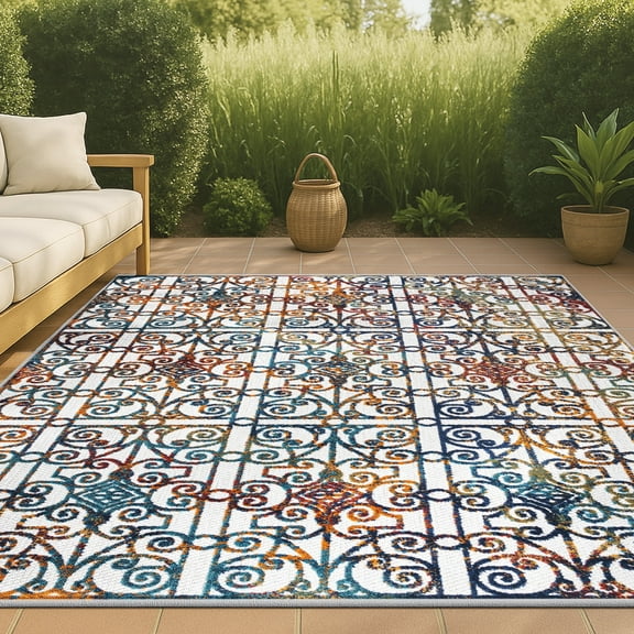 JONATHAN Y AMALFI COAST 8 x 10 Area Rug, Cetara Ornate Trellis - Cream/Blue/Orange, AMC111A-8
