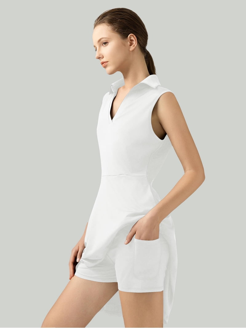 tennis dress with separate shorts Golf Tennis Dresses, Women Athletic Dress with Separate Shorts, V Neck Sleeveless Workout Dresses Solid Color L