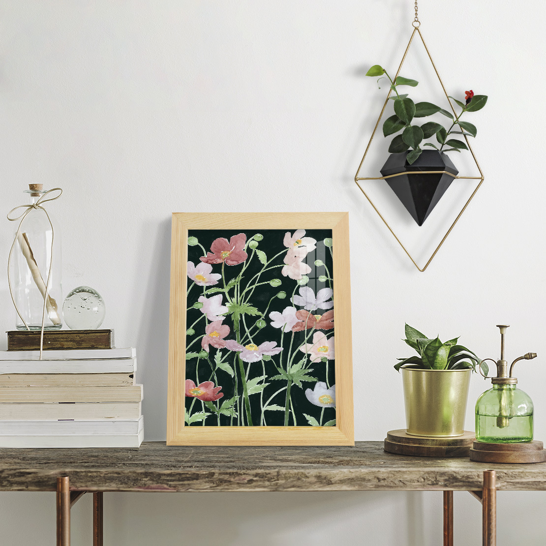 Anemone Dance III -Framed Print w/glass-Natural Wood