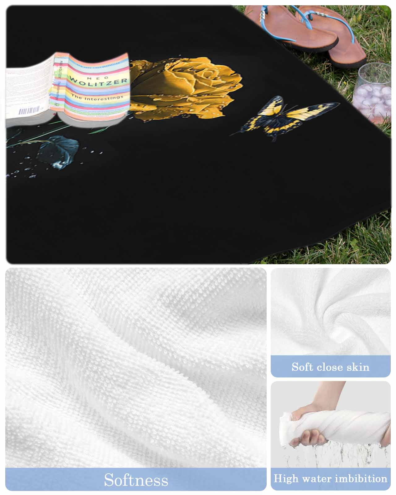 Yellow Roses Beach Towels Oversized Super Absorbent, Modern Art Splash Flowers Butterfly Lightweight Bath Towel Quick Dry Sets For Bathroom/Pool/Rv Camping/Beach Play/Gym Room/Picnic 30"x60"