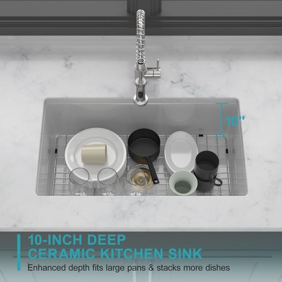 Boyuevi 32"x19"x10" Undermount Single Bowl Fireclay Kitchen Sink - Dual Mount White Porcelain Fireclay Rectangular Deep Single Bowl Sink Basin