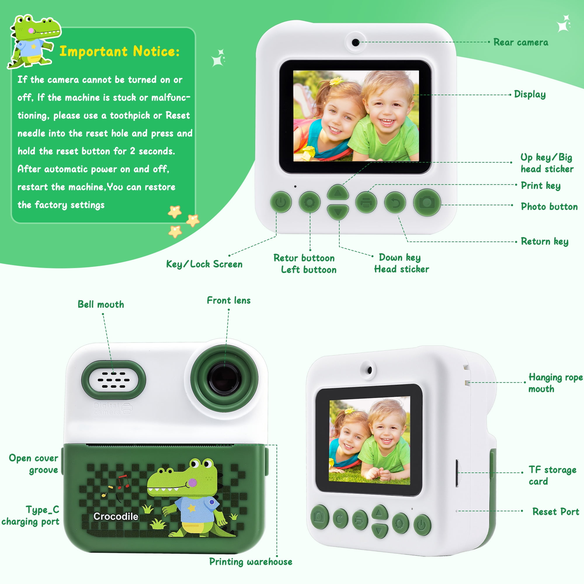 ALLJOY Instant Print Kids Camera with 64GB SD Card 1080P HD Digital Video Camera Toy for Toddler Kids, Christmas Birthday Gift for Girls Ages 3-12,  Green
