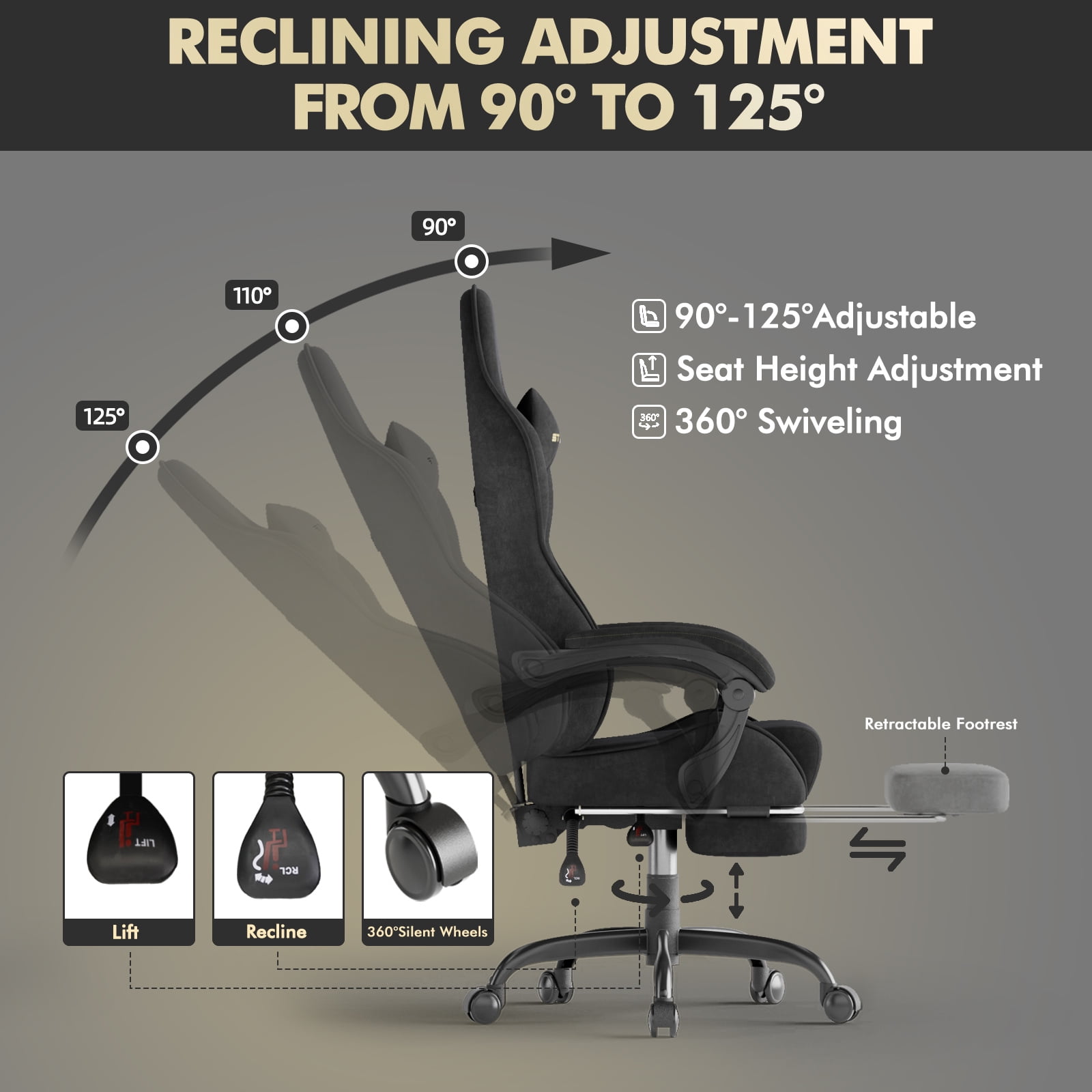 SOONTRANS Velvet Fabric Gaming Chair, High Back Ergonomic Office Game Chair for Adult, Video Gamer Chair with Footrest, Racing Reclining Office Computer Desk Chairs with Massage Lumbar, Black