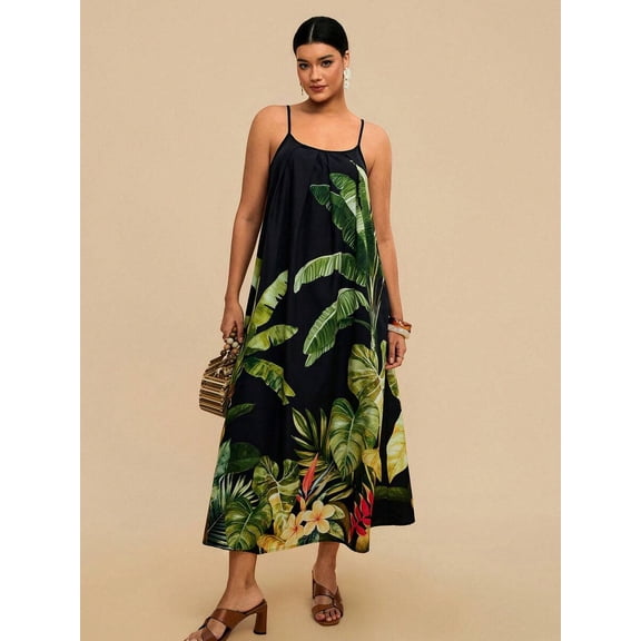 Black Tropical Leaf Print Spaghetti Strap Maxi Dress For Women, Resort Style Summer Dress