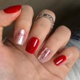 thumbnail image 4 of Curvlife 30pcs Short Press On Nails, Shining Stick on Fake Nails Design Glossy Acrylic Nails Tips Glue on Square Press on Nails For Women False Nail Kit With Nail Glue (Ribbon Red Charm), 4 of 7