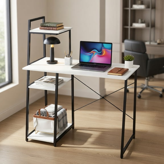 Spaco Compact Computer Desk Workstation with 4 Tier Shelves for Home and Office-White,