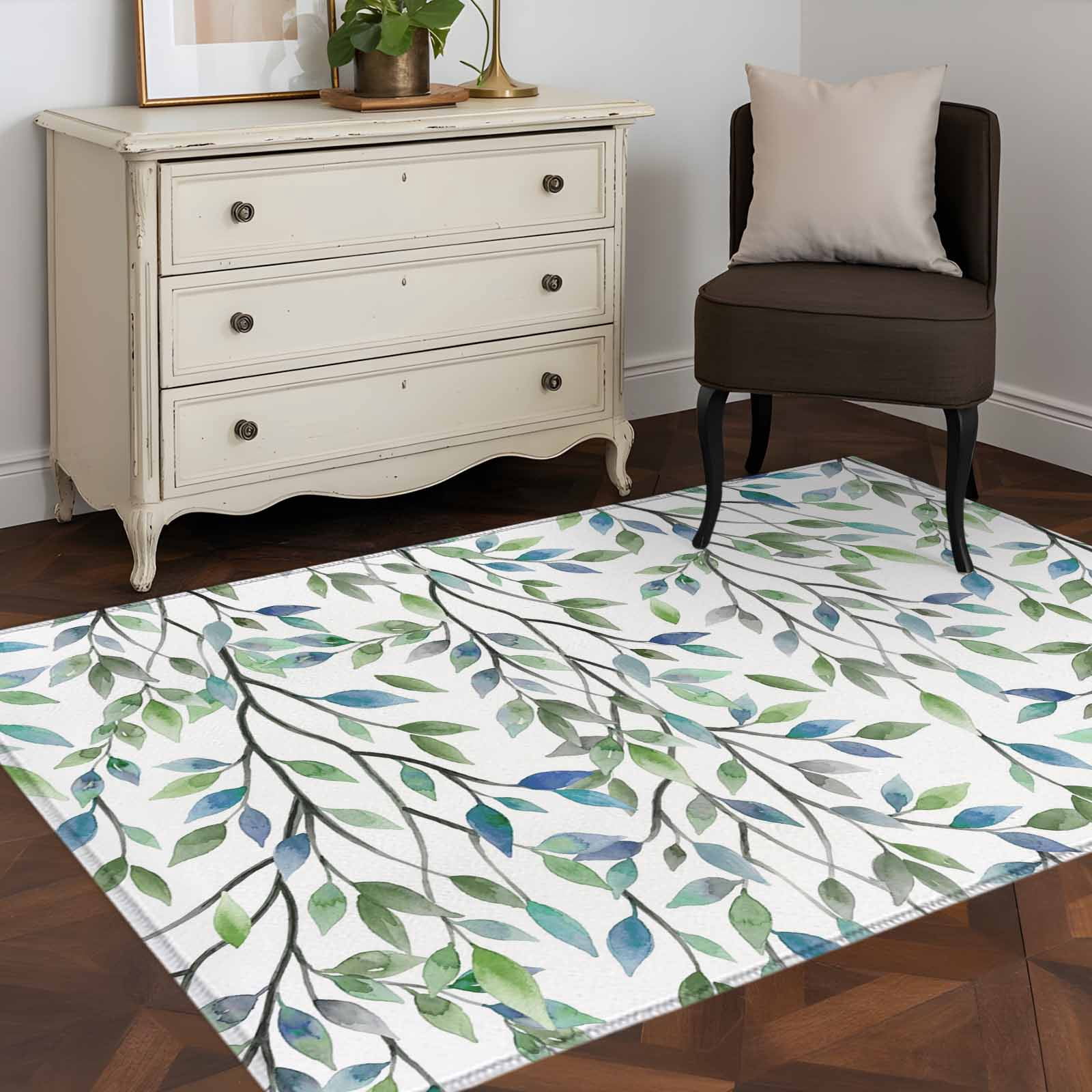 Area Rugs for Living Room Bedroom, Blue Green Eucalyptus 4'x6' Rug Washable Carpet Runner Indoor Outdoor, Spring Botanical Leaves Weeping Non Slip Accent Floor Mats Rug for Kitchen, Office