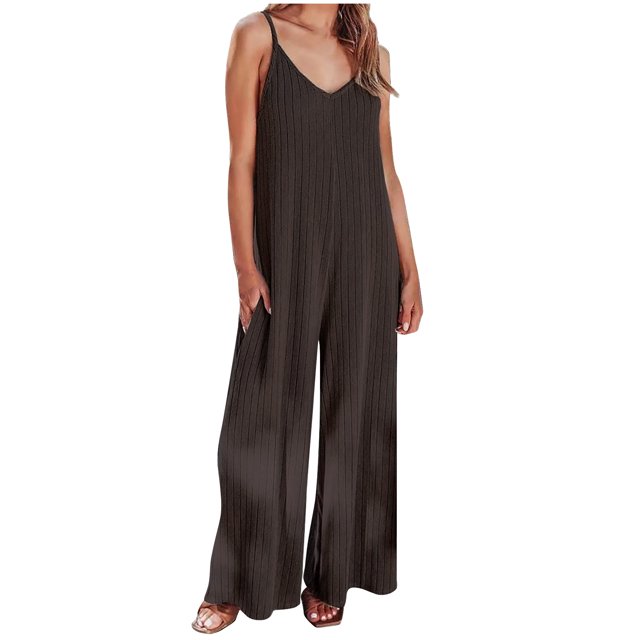 Plebaso Combinaisons Sans Manches à Col en V pour Femmes, Bretelles Spaghetti, Jambes Larges, Poches