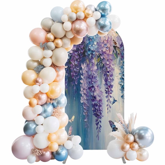 Flower Butterfly Arch Backdrop Cover, Spandex Fitted Wedding Arch Cover, Blue Purple Spring Oil Painting Floral Round Top Stand Covers for Birthday Ceremony Bridal Shower Party Decor 5x2.1 Ft