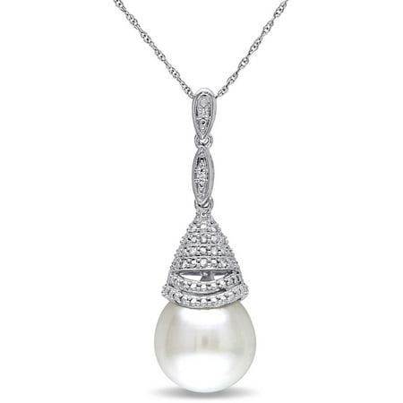 Miabella 12-12.5mm White Cultured Freshwater Pearl and Diamond Accent 10kt White Gold Drop Pendant, 17