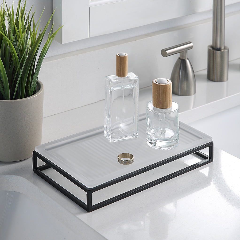 Better Homes & Gardens Ribbed Glass and Metal Tray, White with Black Accents