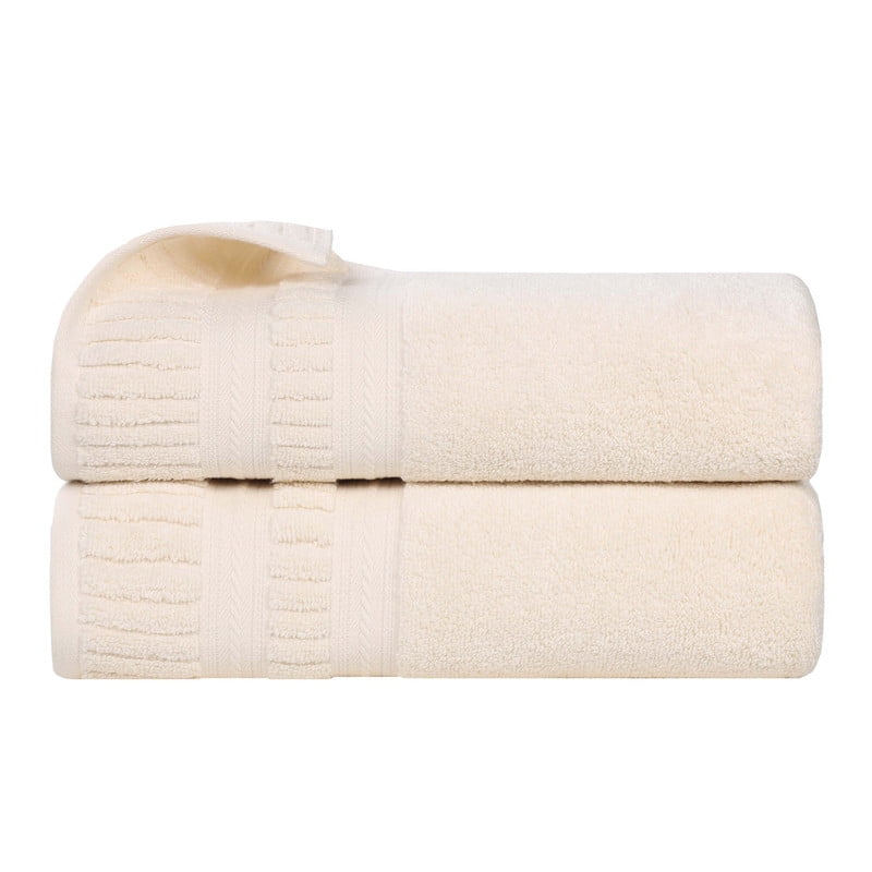 Superior Venice Ribbed Textured Border Zero Twist Bath Towels, Set of 2, Ivory