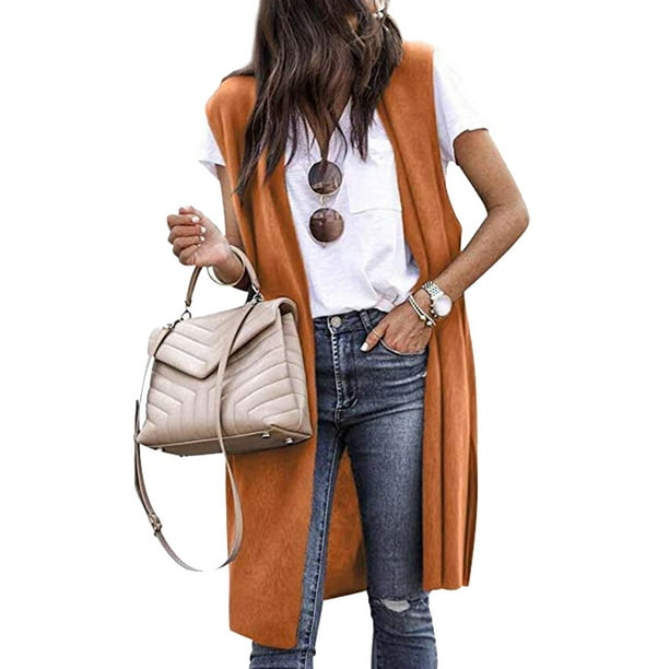 Women Solid Color Sleeveless Long Vest Cardigan