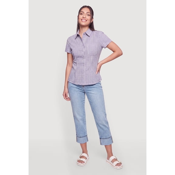 Women's Plaid Seersucker Button Front Pleated Shirt
