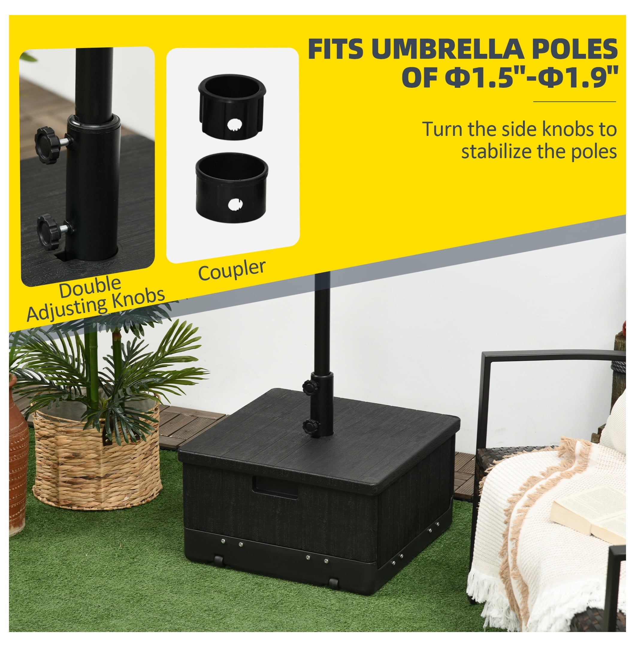 3-in-1 Outdoor Umbrella Base, Coffee End Table, Flower Box Planter, 175lbs Capacity Patio Umbrella Stand Table with Wheels and Handles, Black