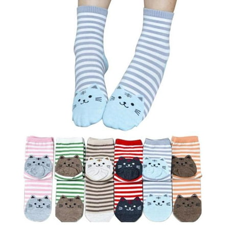 

UDAXB Socks 6Pair Animals Striped Cartoon Socks Women Cat Footprints Cotton Socks Floor